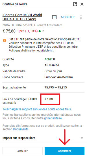 degiro confirmation ordre etf ishares msci world avec fleche